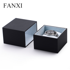 FANXI Custom Logo Black Touching Paper Jewelry Box With Blue Suede Pillow For Bangle Bracelet Packing Drawer Plastic Packaging Watch Box