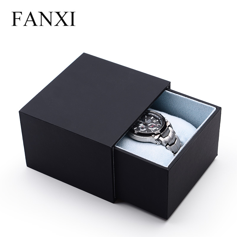 FANXI Custom Logo Black Touching Paper Jewelry Box With Blue Suede Pillow For Bangle Bracelet Packing Drawer Plastic Packaging Watch Box