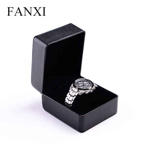 FANXI Custom OEM Plastic Gift Boxes With Velvet Cushion For Bangle Bracelet Black PU Leather Watch Packaging Box