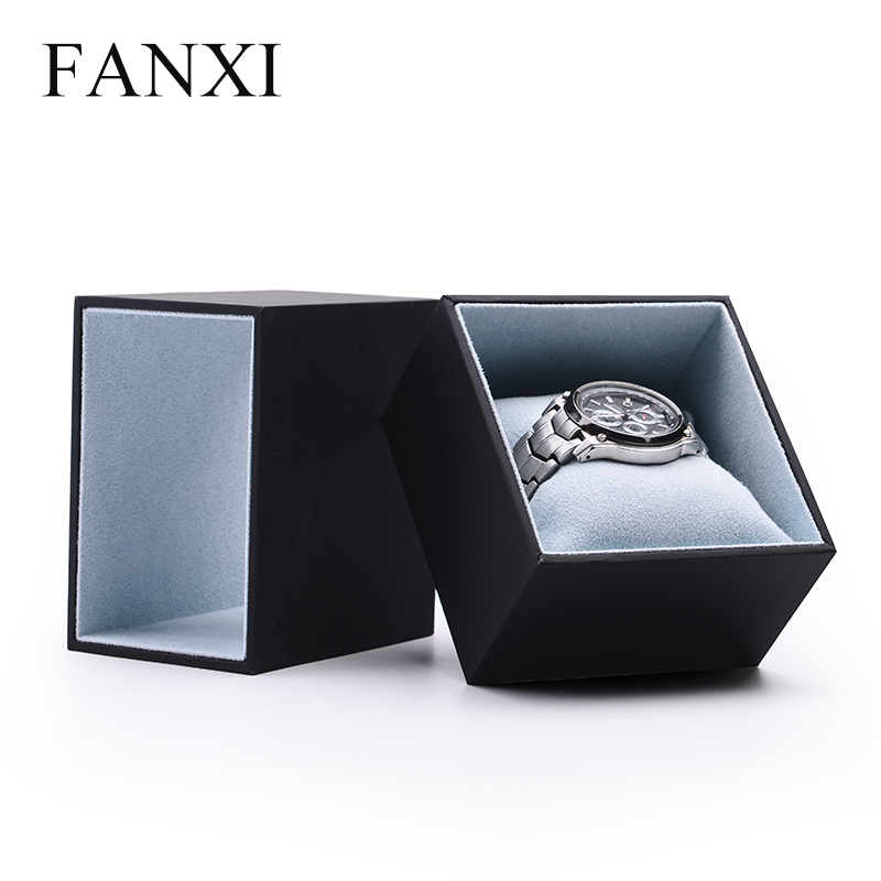 FANXI Custom Logo Black Touching Paper Jewelry Box With Blue Suede Pillow For Bangle Bracelet Packing Drawer Plastic Packaging Watch Box