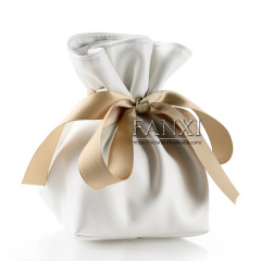 FANXI Custom Logo Soft PU Bag With Gold Ribbon And Suede Pillow For Watch Bangle Bracelet Packaging White Leather Jewelry Pouch