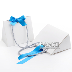 FANXI OEM Custom Logo Gift Bags With Blue Ribbon For Watch Cosmetic Cloth Jewelry Packaging White Foldable Paper Shopping bag