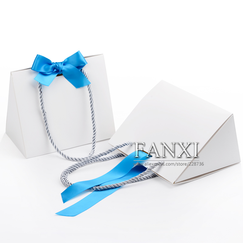 FANXI OEM Custom Logo Gift Bags With Blue Ribbon For Watch Cosmetic Cloth Jewelry Packaging White Foldable Paper Shopping bag