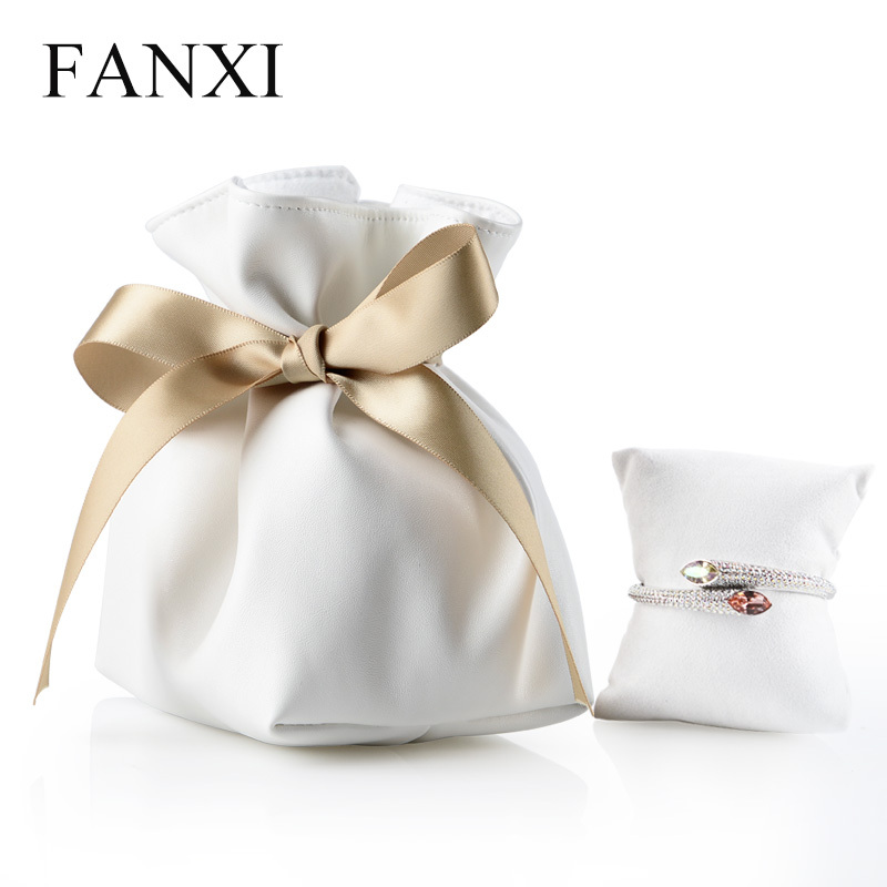 FANXI Custom Logo Soft PU Bag With Gold Ribbon And Suede Pillow For Watch Bangle Bracelet Packaging White Leather Jewelry Pouch