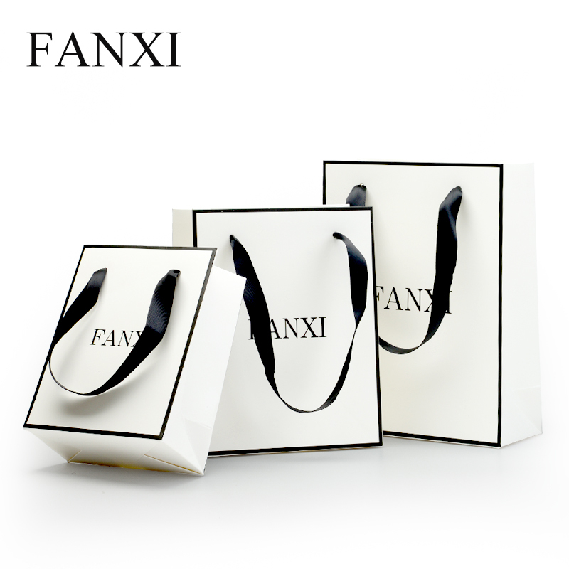 FANXI Wholesale White Gift Shopping Bags With Black border and Ribbon For jewelry Cosmetic Cloth Shop Packing Custom Logo Printed Paper Bag