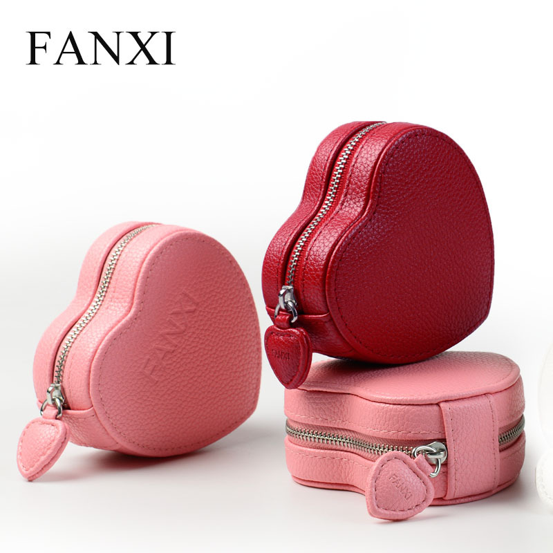 FANXI Custom Logo Jewellery Packaging Boxes With Velvet Pouch Insert For Bangle Bracelet And Beads Heart Shaped PU Leather Jewelry Gift Box