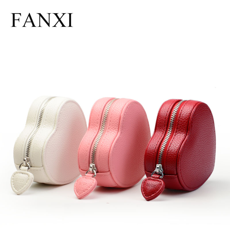 FANXI Custom Logo Jewellery Packaging Boxes With Velvet Pouch Insert For Bangle Bracelet And Beads Heart Shaped PU Leather Jewelry Gift Box