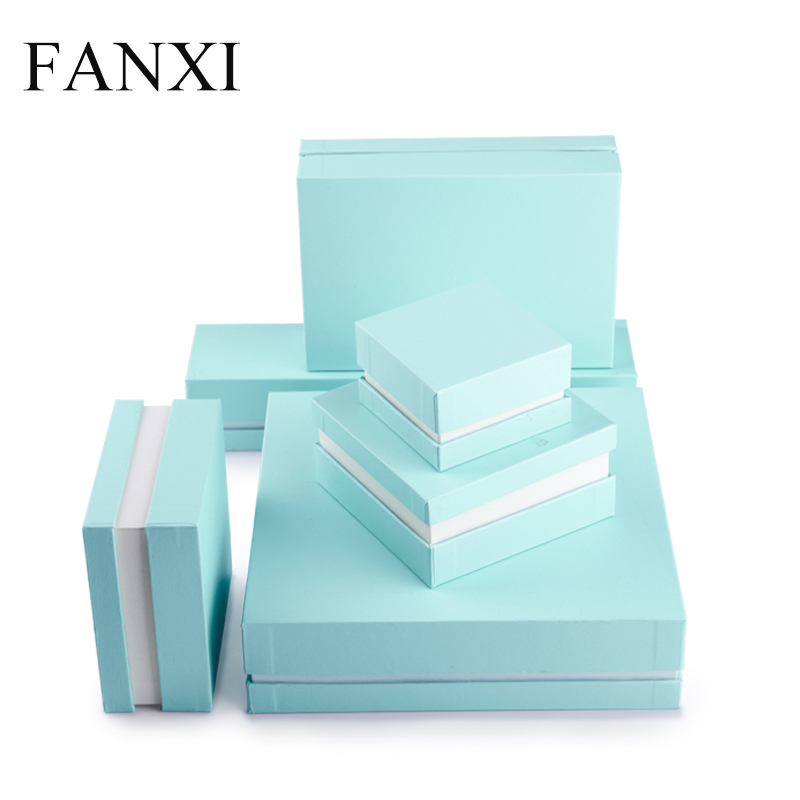 FANXI Custom Fancy Leatherette Paper Gift Boxes With White PU Leather Insert For Ring Earrings Necklace Bracelet Bangle Green Cardboard Jewelry Box