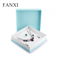 FANXI Custom Fancy Leatherette Paper Gift Boxes With White PU Leather Insert For Ring Earrings Necklace Bracelet Bangle Green Cardboard Jewelry Box