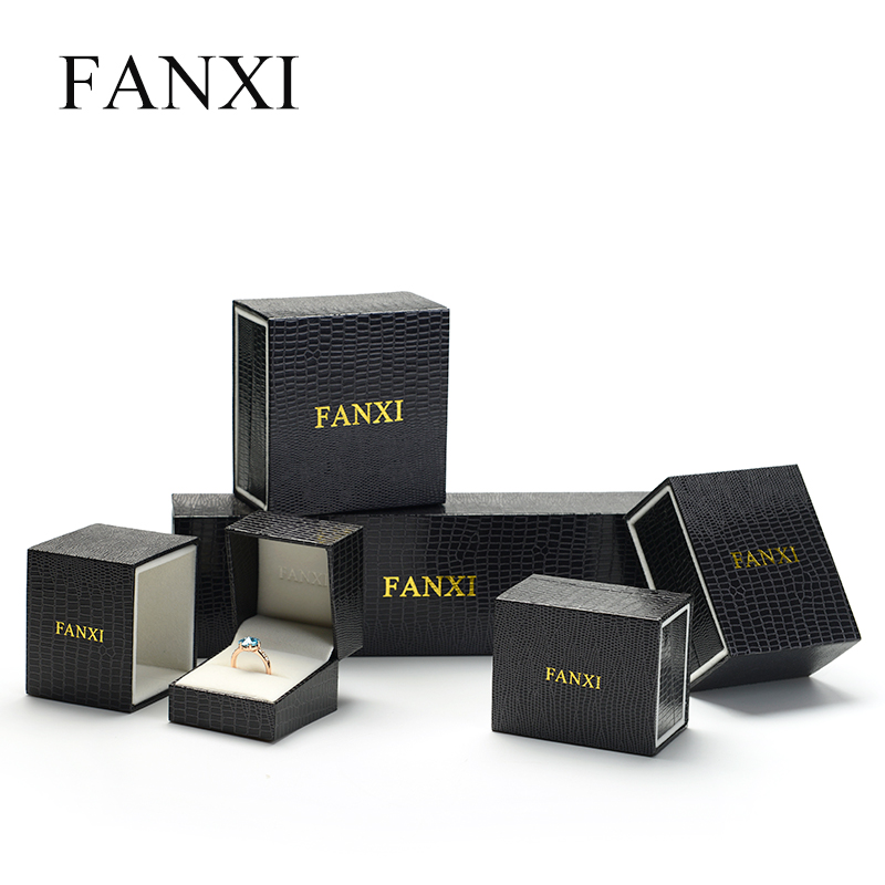 FANXI Black Crocodile Leatherette Paper Jewellery Packaging Boxes With Velvet Insert and Outer Box Custom Logo Luxury Drawer Jewelry Box