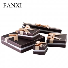 FANXI Custom Logo Chocolate Color Paper Jewellery Boxes With Gold Ribbon And Velvet insert For Jewelry gift Storage Cardbord Packing Box