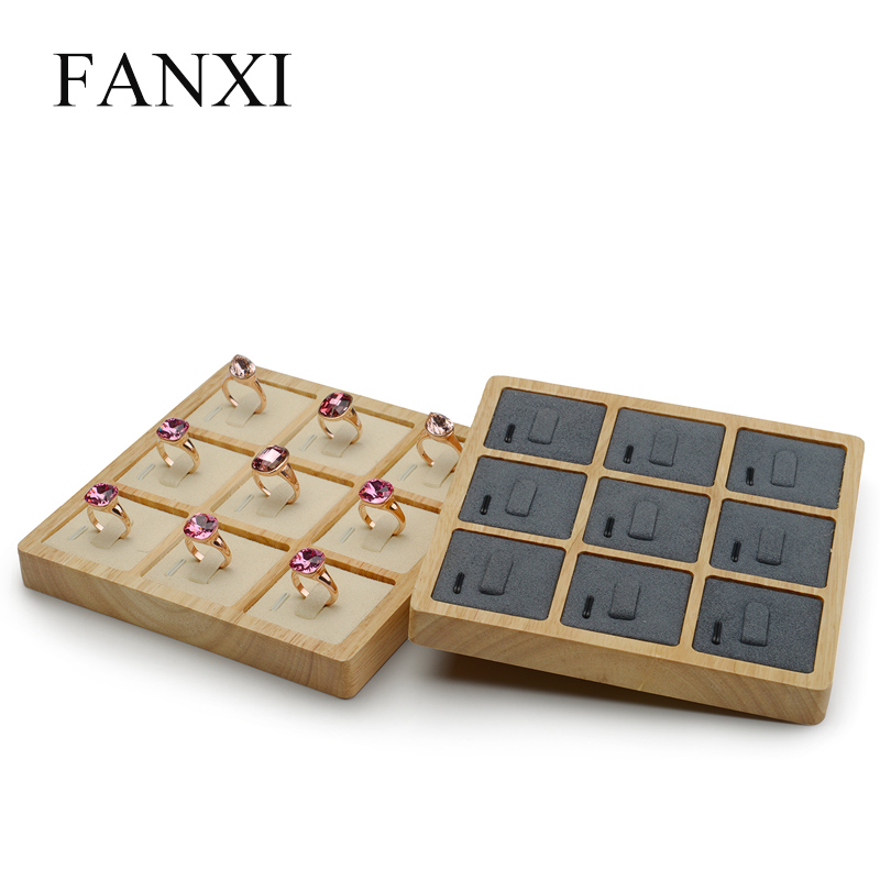 FANXI Wholesale Custom Solid Wood Jewelry Organizer With Microfiber Insert With 9 Grids For Wooden Wedding Ring Display Tray
