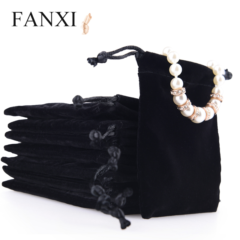 FANXI Custom Logo Packaging Bags For Gift Jewellery Ring Necklace Bracelet Bangle Party Favors Black Drawstring Velvet Jewelry Pouch