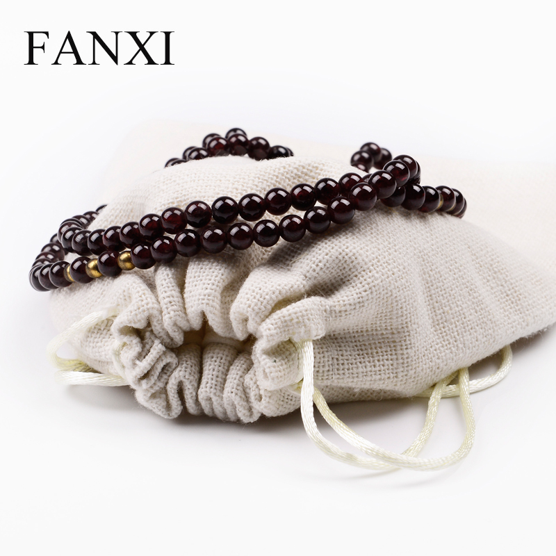 FANXI Wholesale OEM Jewelry Bag With Velvet Insert For Ring Necklace Bracelet Gift Custom Logo Beige Linen Jewellery Packaging Pouch