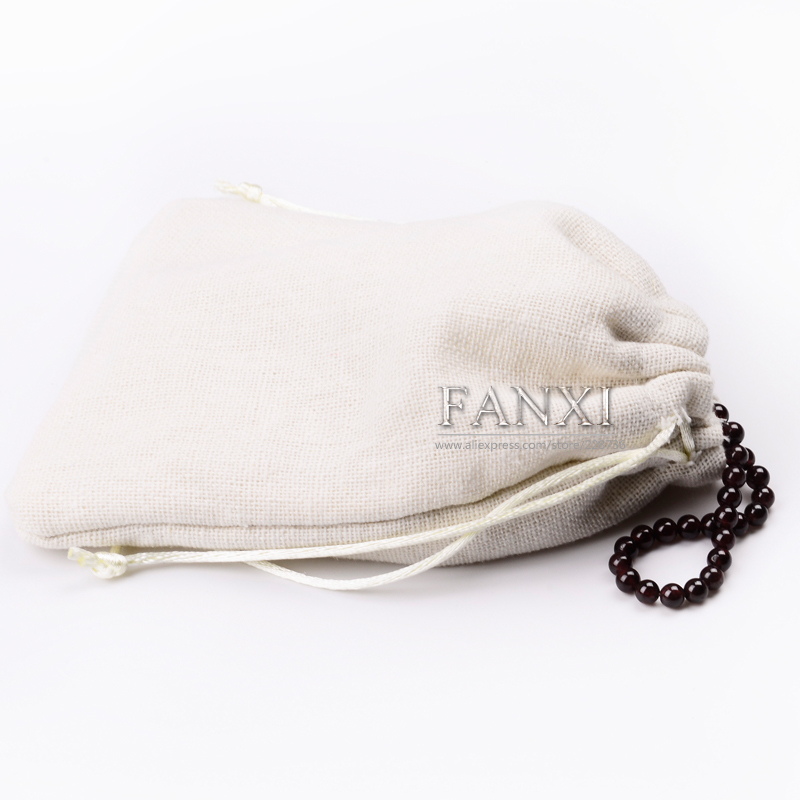 FANXI Wholesale OEM Jewelry Bag With Velvet Insert For Ring Necklace Bracelet Gift Custom Logo Beige Linen Jewellery Packaging Pouch