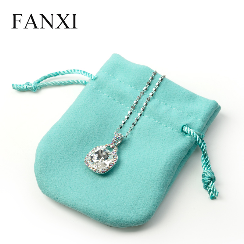 FANXI Custom Logo Jewelry Pouches For Ring Necklace Bangle Bracelet Packing Double-face Blue Microfiber Pouch Bag
