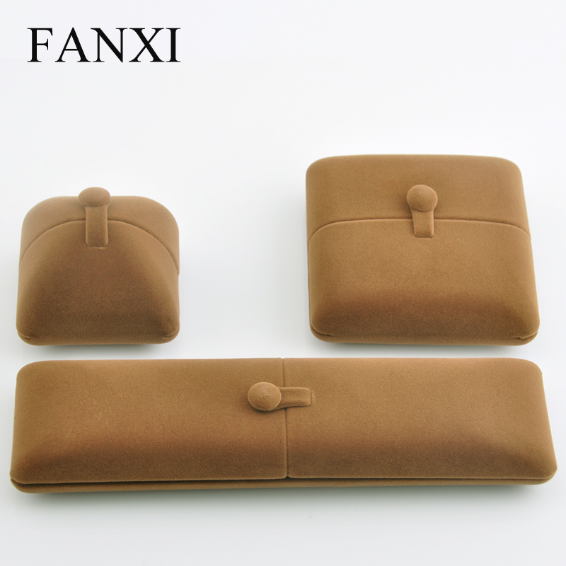 FANXI Wholesale Custom Logo Jewelry Box For Double Ring Earrings Necklace Bangle Bracelet Packaging Deluxe Coffee Velvet Ring Box