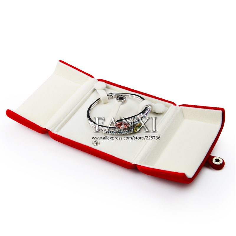 FANXI Custom Logo Plastic Jewelry Boxes With Button For Ring Double Ring Earrings Necklace Bangle Bracelet Packing Red Velvet Box