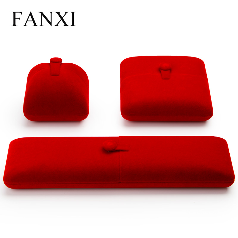 FANXI Custom Logo Plastic Jewelry Boxes With Button For Ring Double Ring Earrings Necklace Bangle Bracelet Packing Red Velvet Box