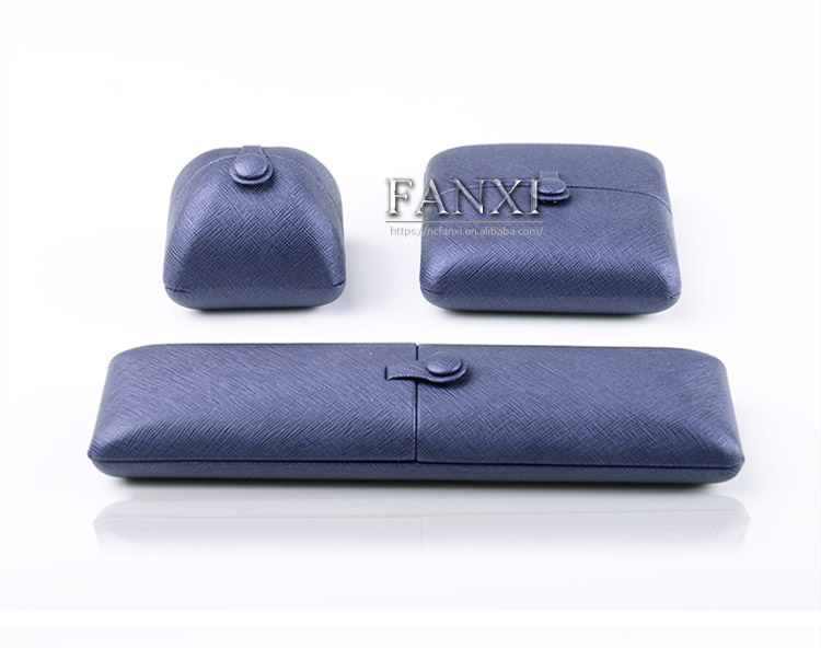 FANXI Custom Logo Jewelry Packaging Boxes With Black Velvet Insert And Button Double Door Blue PU Leather Jewellery Box