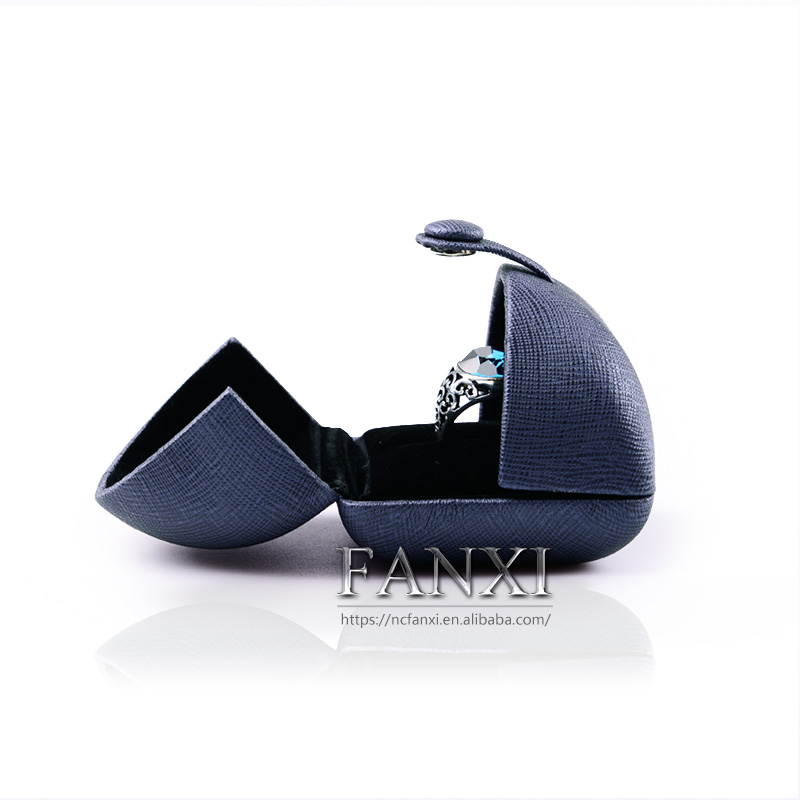 FANXI Custom Logo Jewelry Packaging Boxes With Black Velvet Insert And Button Double Door Blue PU Leather Jewellery Box