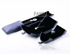 FANXI Custom Logo Jewelry Packaging Boxes With Black Velvet Insert And Button Double Door Blue PU Leather Jewellery Box