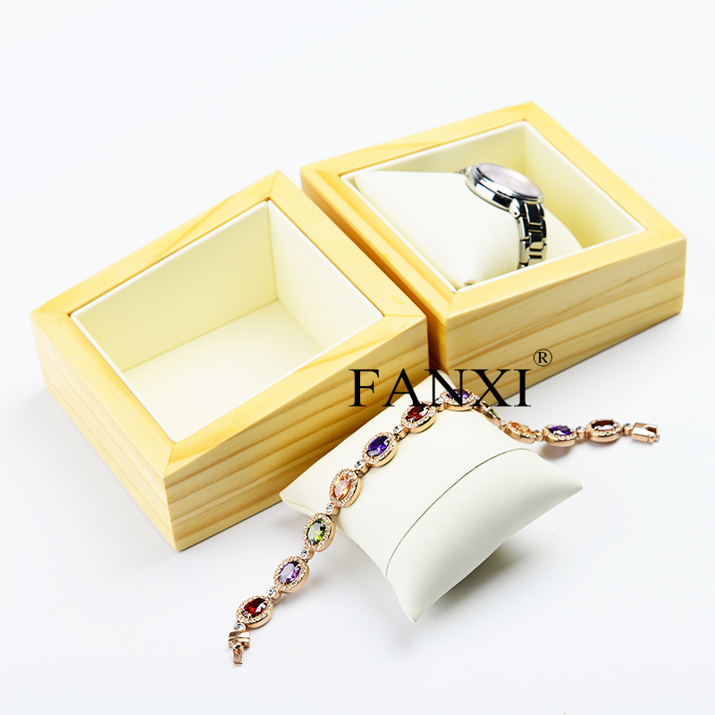 FANXI Custom Jewelry Display With White PU Leather Pillow For Bangle Bracelet Natural Wooden Watch Display