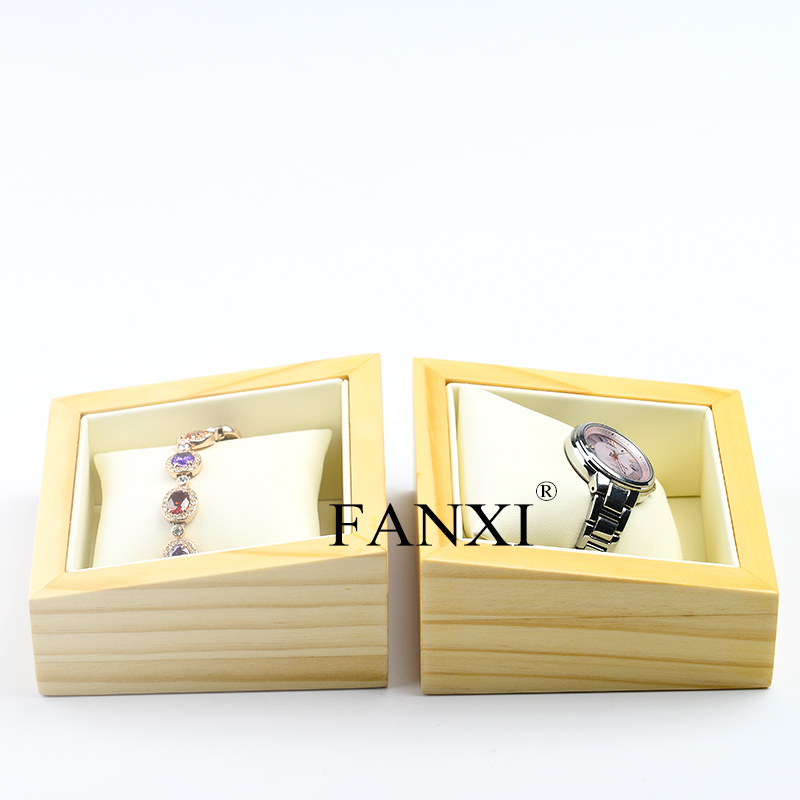 FANXI Custom Jewelry Display With White PU Leather Pillow For Bangle Bracelet Natural Wooden Watch Display