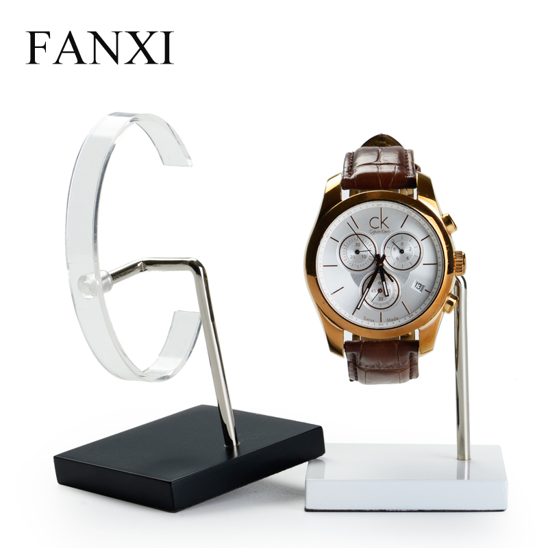FANXI Wholesale Custom Wood With Lacquer Base and Transparent Acrylic Rack For Bangle Jewelry And Wrist Watch Display Stand