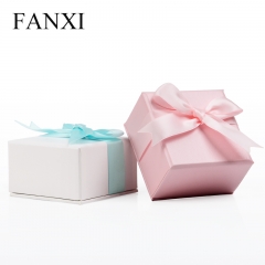 FANXI Custom Logo White Pink Cardboard leatherette paper Gift Boxes With Ribbon For Ring Pendant Necklace Packaging Jewelry Packing Fancy Paper box