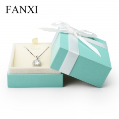 FANXI Custom Green Fancy Leatherette Paper Jewelry Boxes With Beige Velvet Insert And White Ribbon Plastic Packaging Jewellery Box