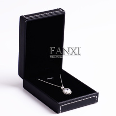FANXI Custom Logo Plastic Packaging Boxes With Velvet Insert And White Sewing For Ring Double Ring Necklace Bracelet Black PU Leather Jewellery Box