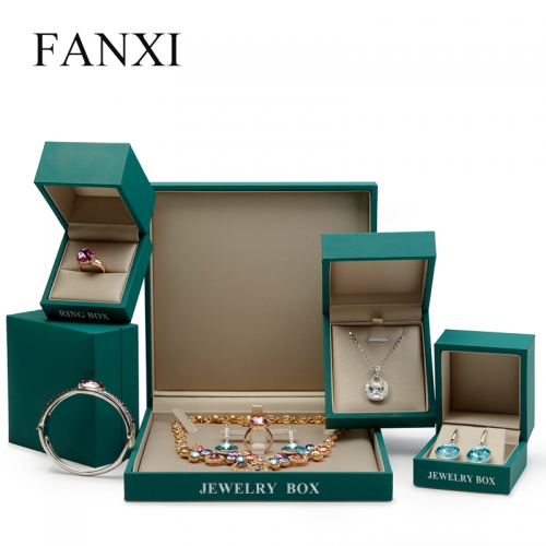 FANXI Plastic Gift Boxes With Silk Insert For Ring Necklace Bracelet Packaging Green Fancy Leatherette paper Luxury Custom Jewelry Box