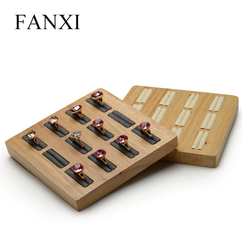 FANXI Custom Microfiber Jewelry Shop Counter Display For 12 Rings Original Wooden Ring Tray