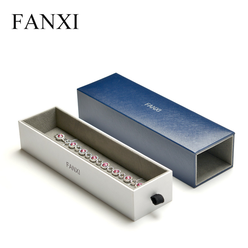 FANXI Custom Jewellery Boxes With White And Blue Leatherette Paper For Ring Necklace Bracelet Bangle Gift Packaging Drawer Jewelry Box