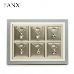 FANXI Custom Wooden Base Painted With Silver Lacquer For Ring Earrings Necklace Pendant Showcase Luxury PU Leather Jewelry Display Tray