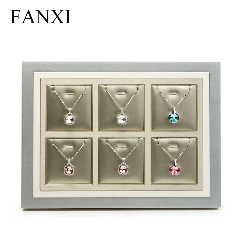 FANXI Custom Wooden Base Painted With Silver Lacquer For Ring Earrings Necklace Pendant Showcase Luxury PU Leather Jewelry Display Tray