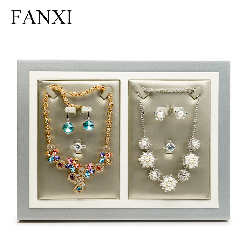 FANXI Custom Wooden Base Painted With Silver Lacquer For Ring Earrings Necklace Pendant Showcase Luxury PU Leather Jewelry Display Tray