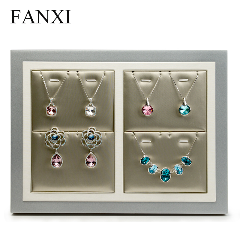 FANXI Custom Wooden Base Painted With Silver Lacquer For Ring Earrings Necklace Pendant Showcase Luxury PU Leather Jewelry Display Tray
