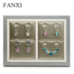 FANXI Custom Wooden Base Painted With Silver Lacquer For Ring Earrings Necklace Pendant Showcase Luxury PU Leather Jewelry Display Tray