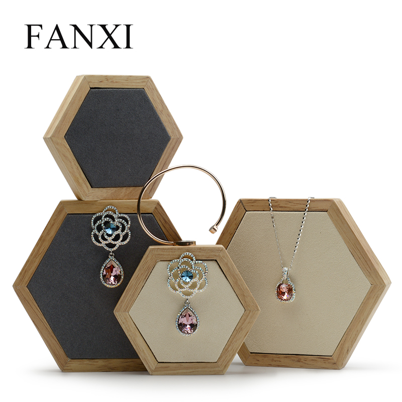 FANXI Wholesale Custom Gray And Beige Microfiber Jewellery Shop Showcase Hexagon Solid Wood Jewelry Display Props