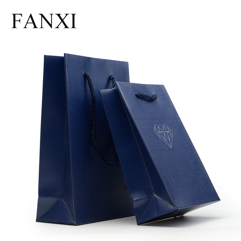 FANXI Custom Logo Blue And Black Shopping Packaging Bags With Cord For Watch Cosmetic Cloth Jewelry Storage Coated Paper Gift Bag