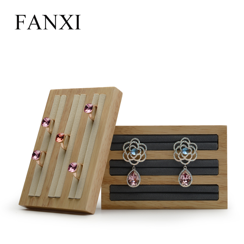 FANXI Custom Natural Wood Jewelry Shop Showcase Display Props With Micrifiber For Ring Earrings Samll Wooden Ring Display Tray