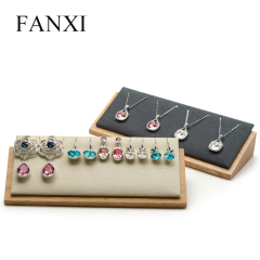 FANXI OEM Wholesale Beige Gray Microfiber Jewellery Holder For Necklace Pendant Earrings Natural Wood Jewelry display