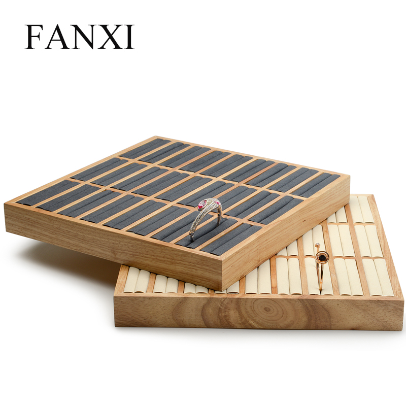 FANXI OEM Luxury Big Wood Jewellery Display Trays With Microfiber Insert For Bangle Ring Presentation Natural Wooden Jewelry Tray