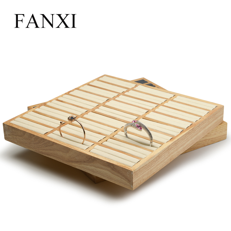 FANXI OEM Luxury Big Wood Jewellery Display Trays With Microfiber Insert For Bangle Ring Presentation Natural Wooden Jewelry Tray