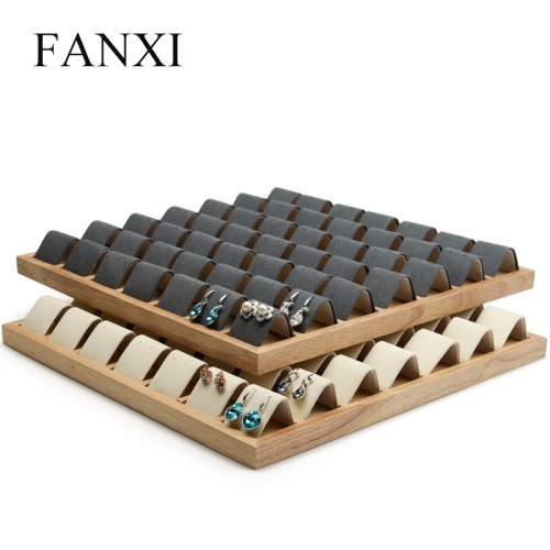 FANXI OEM Custom Luxury Big Jewelry Trays With Beige Gray Microfiber Insert For 49 Earrings Natural Wood Earring Display Tray