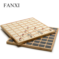 FANXI Custom Big Jewelry Wedding Ring Showcase Trays With Microfiber For 56 Engagement Rings Solid Wood Ring Serving Tray