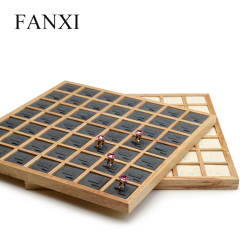 FANXI Wholesale Custom Big Jewelry Display Trays With Beige Gray Microfiber Insert For 49 Rings Showcase Wooden Ring Tray