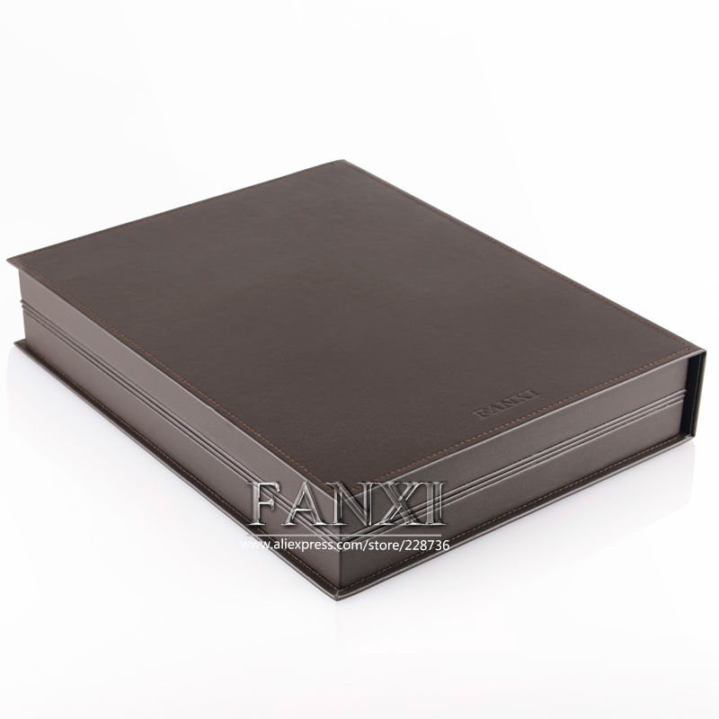 FANXI Custom Luxury Brown Book Shape Jewelry Display Tray For Rings Big Necklace Storage Leather Jewelry Case